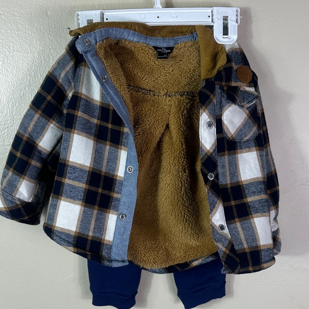 Eddie Bauer Kids Plaid Sherpa Jacket in Brown, Blue & White